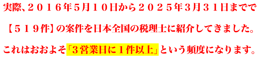 実際、２０１６年５月１０日から２０２４年３月３１日までで【４９９件】の案件を日本全国の税理士に紹介してきました。これはおおよそ「３営業日に１件以上」という頻度になります。